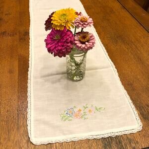 Vintage Table Runner Hand Embroidered Pink and Blue Flowers Crochet Edge 40"x12”